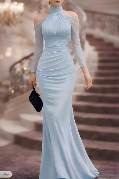 Vestido largo maxi con hombros descubiertos y mangas transparentes tipo halter