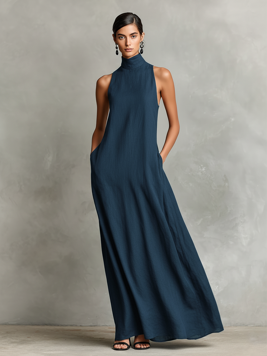 Vestido maxi de cuello alto con bolsillo