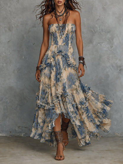 Vestido largo de gasa estampada sin tirantes