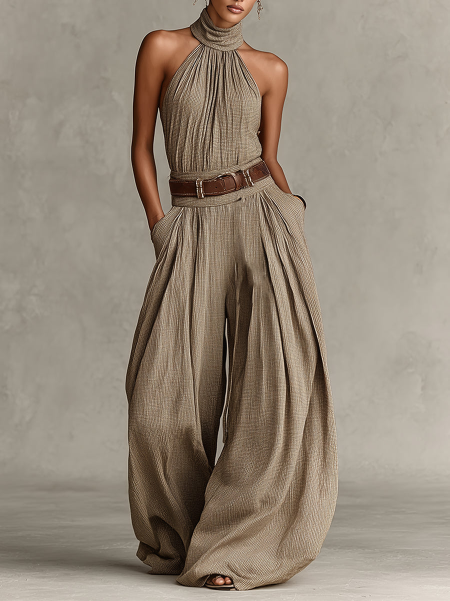 Mono bohemio taupe de pierna ancha con cuello halter (sin cinturón)