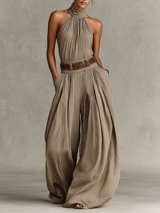 Mono bohemio taupe de pierna ancha con cuello halter (sin cinturón)