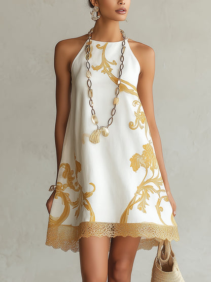 Mini vestido de encaje floral dorado