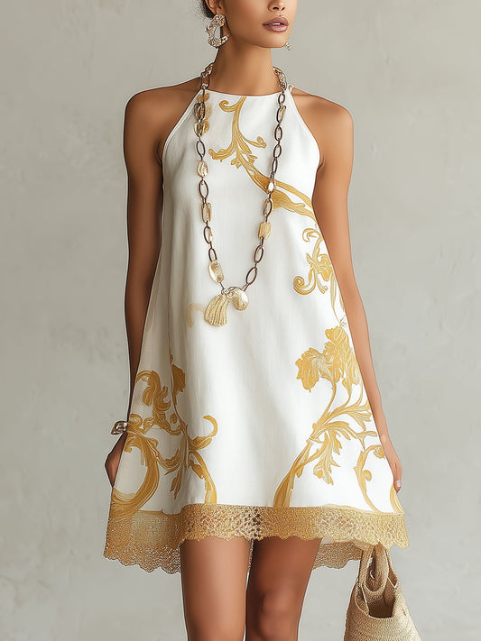 Mini vestido de encaje floral dorado