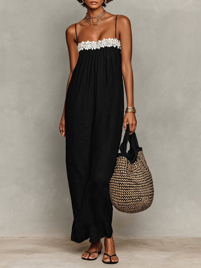 Vestido maxi sin tirantes con inserción de encaje de lino
