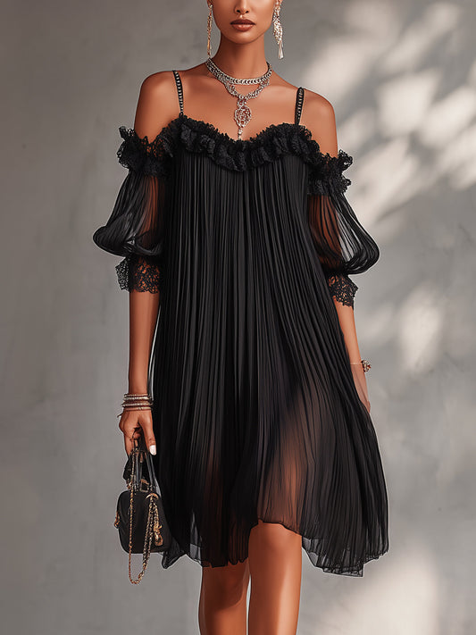 Vestido mini negro de gasa con hombros descubiertos y ribete de encaje