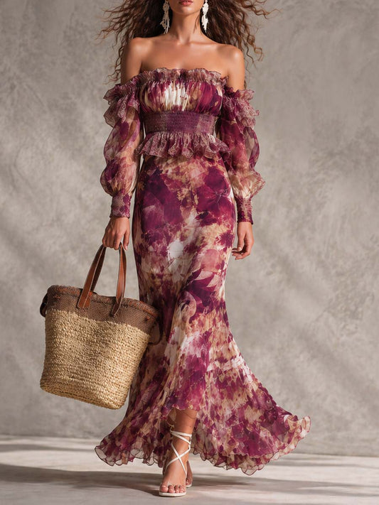 Vestido maxi de gasa rosa floral con hombros descubiertos