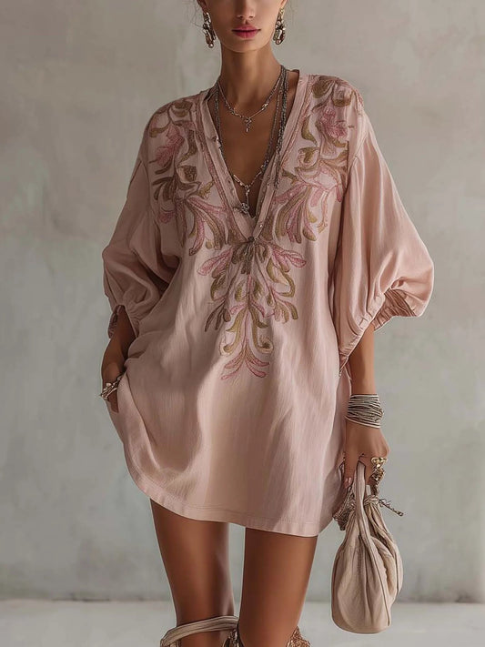 Vestido corto de lino bordado