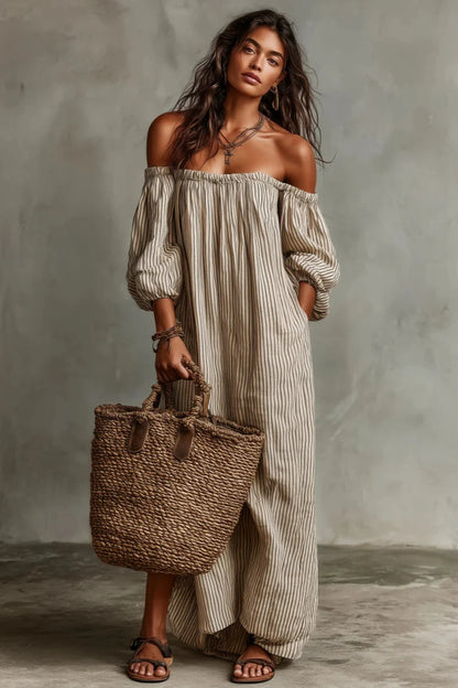 Vestido largo beige a rayas con escote off-shoulder de mezcla de lino