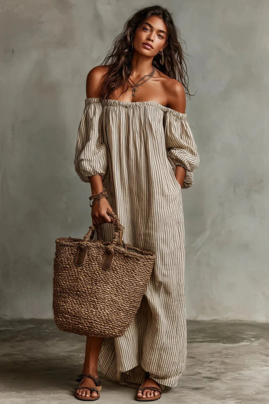 Vestido largo beige a rayas con escote off-shoulder de mezcla de lino