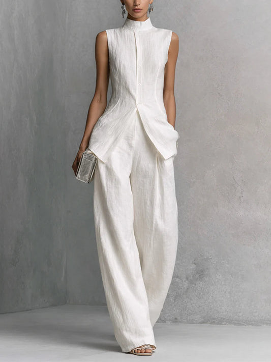 Conjunto de blusa sin mangas de lino y algodón blanco y pantalón de pierna ancha