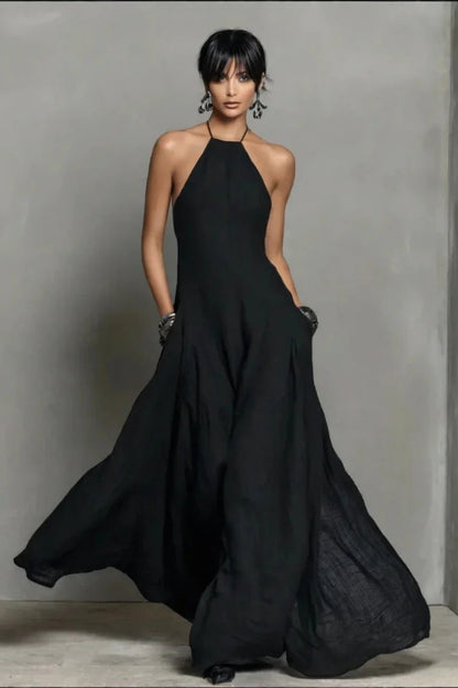 Vestido largo sin espalda de mezcla de lino negro con cuello halter