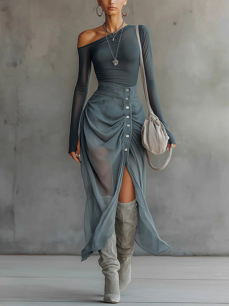 Conjunto asimétrico gris transparente con recortes