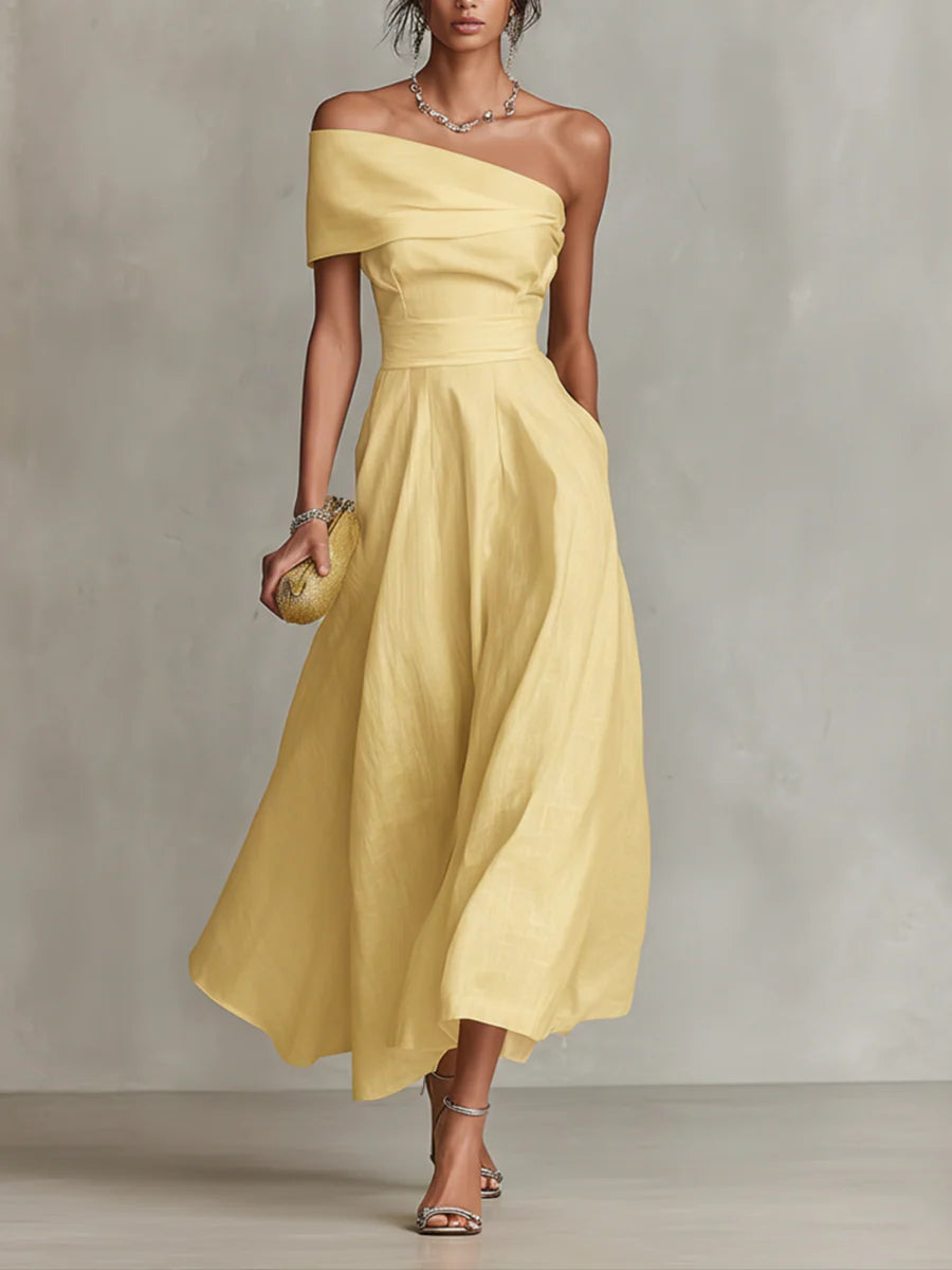 Vestido maxi amarillo de lino con un solo hombro