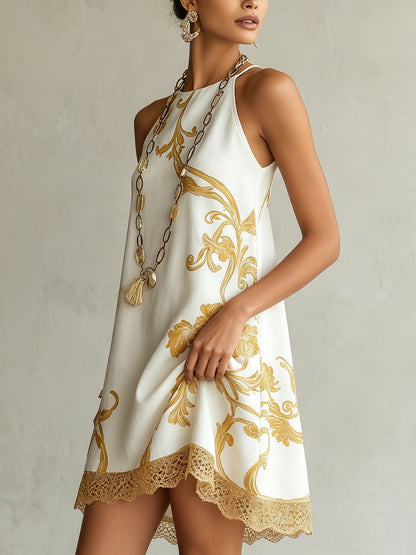 Mini vestido de encaje floral dorado