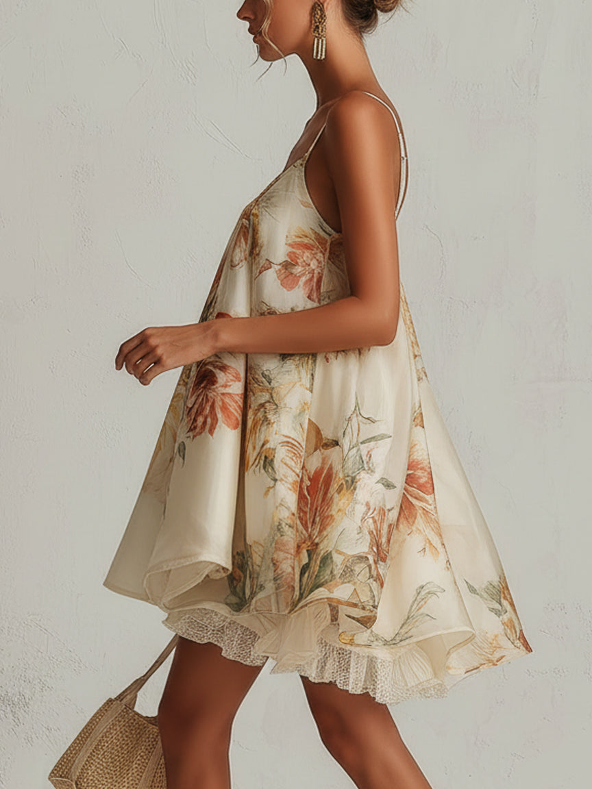 Vestido corto de organza beige con flores