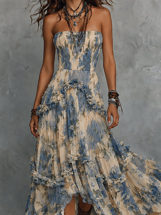 Vestido largo de gasa estampada sin tirantes