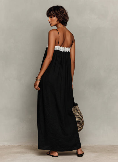 Vestido maxi sin tirantes con inserción de encaje de lino