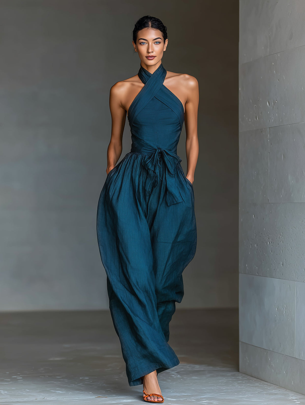 Mono de lino azul marino con espalda cruzada y pantalones anchos