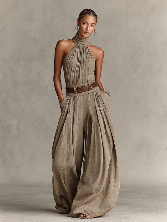 Mono bohemio taupe de pierna ancha con cuello halter (sin cinturón)