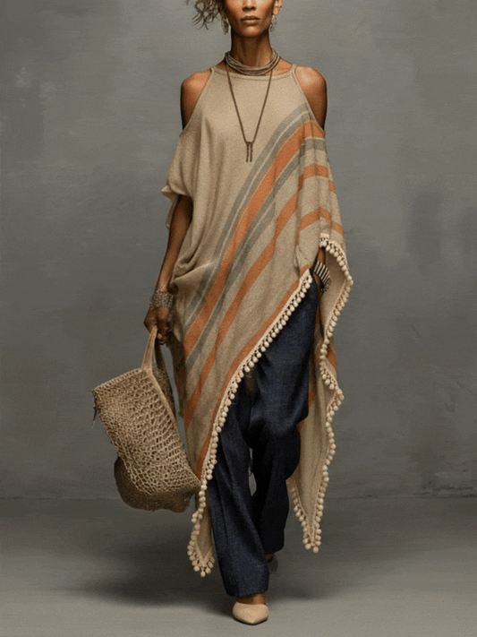 El vestido caqui con flecos y hombros descubiertos