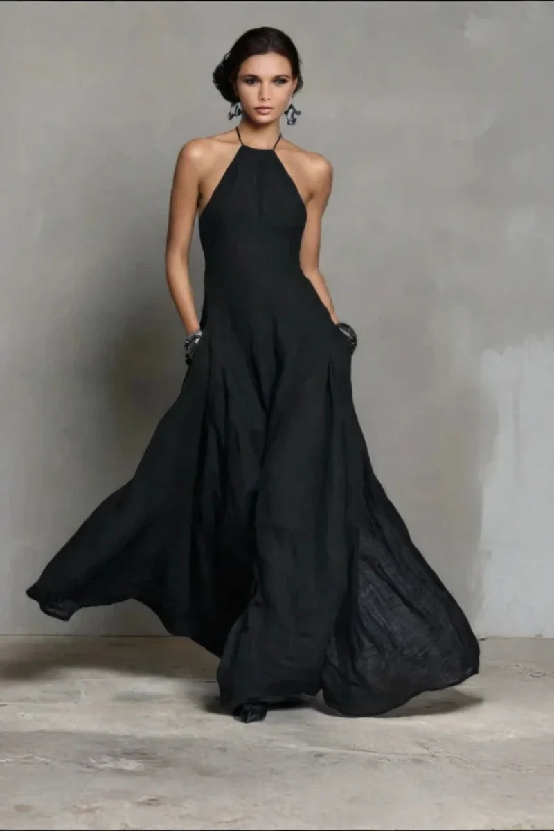 Vestido largo sin espalda de mezcla de lino negro con cuello halter