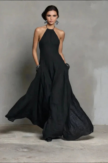 Vestido largo sin espalda de mezcla de lino negro con cuello halter
