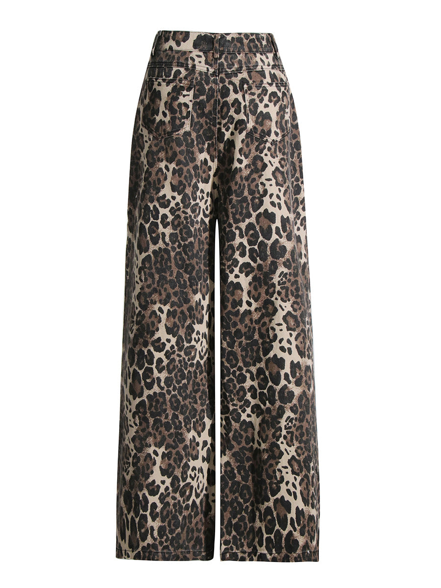 Jeans rasgados de pierna recta y cintura alta con estampado de leopardo vintage