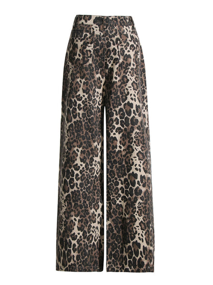 Jeans rasgados de pierna recta y cintura alta con estampado de leopardo vintage