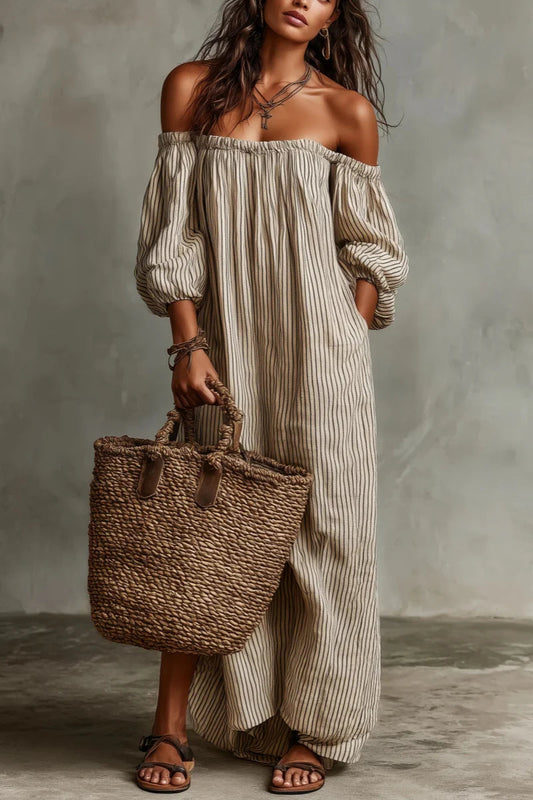 Vestido largo beige a rayas con escote off-shoulder de mezcla de lino