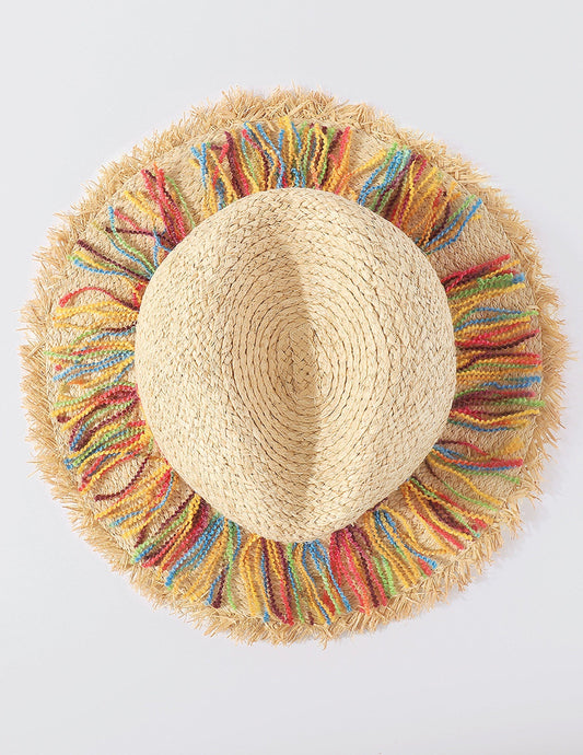Sombrero de paja con borlas de cuerda de algodón colorida