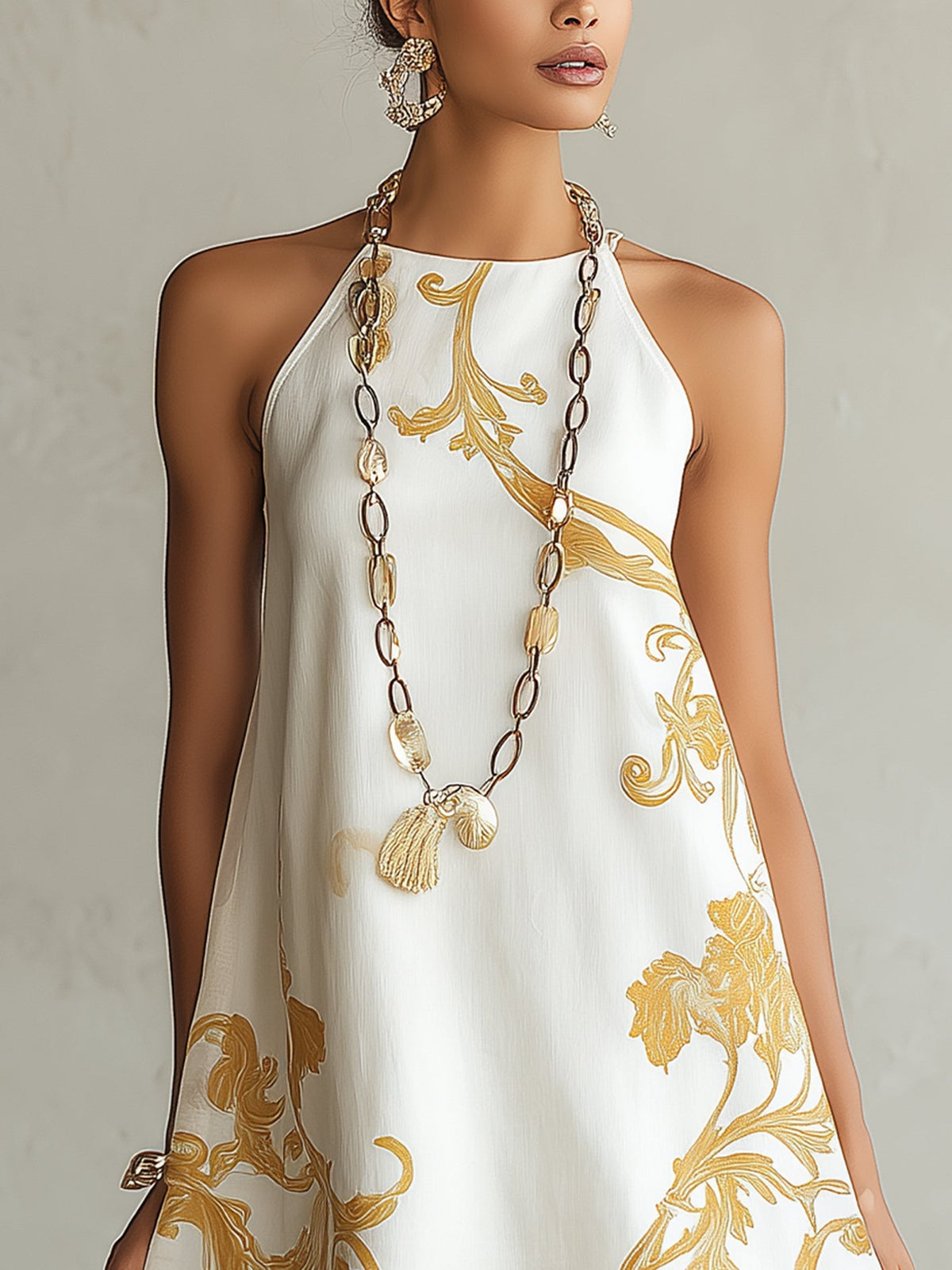 Mini vestido de encaje floral dorado