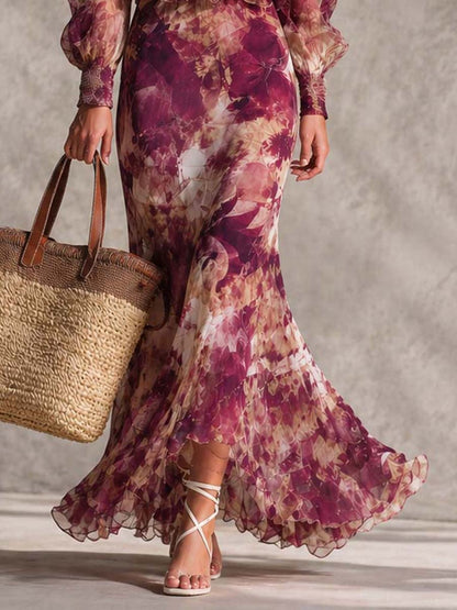 Vestido maxi de gasa rosa floral con hombros descubiertos