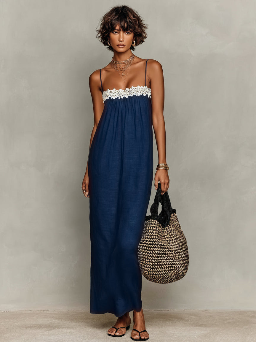 Vestido maxi sin tirantes con inserción de encaje de lino