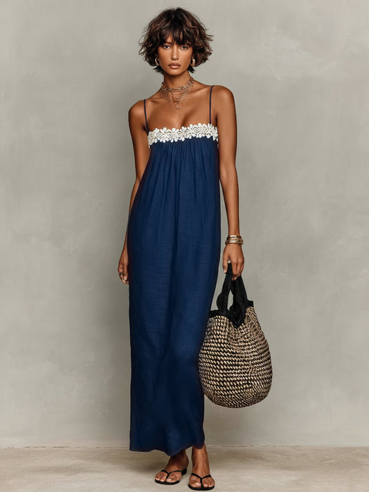 Vestido maxi sin tirantes con inserción de encaje de lino