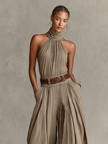 Mono bohemio taupe de pierna ancha con cuello halter (sin cinturón)