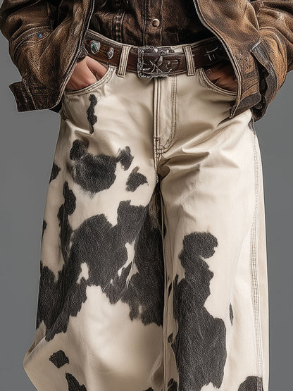 Pantalones con patrón de vaca de estilo occidental retro y a la moda
