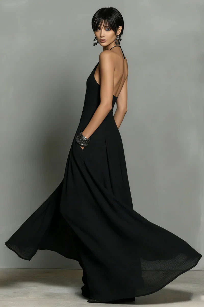 Vestido largo sin espalda de mezcla de lino negro con cuello halter