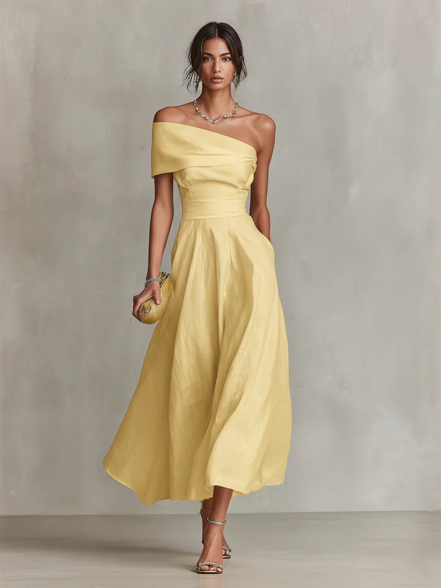 Vestido maxi amarillo de lino con un solo hombro