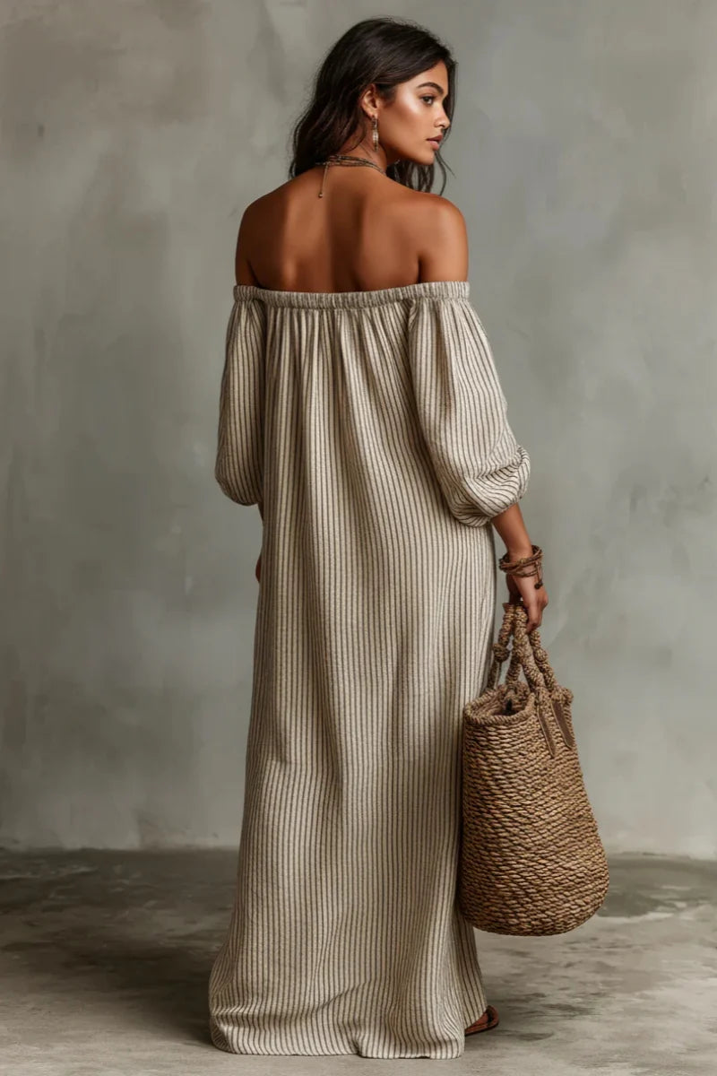 Vestido largo beige a rayas con escote off-shoulder de mezcla de lino