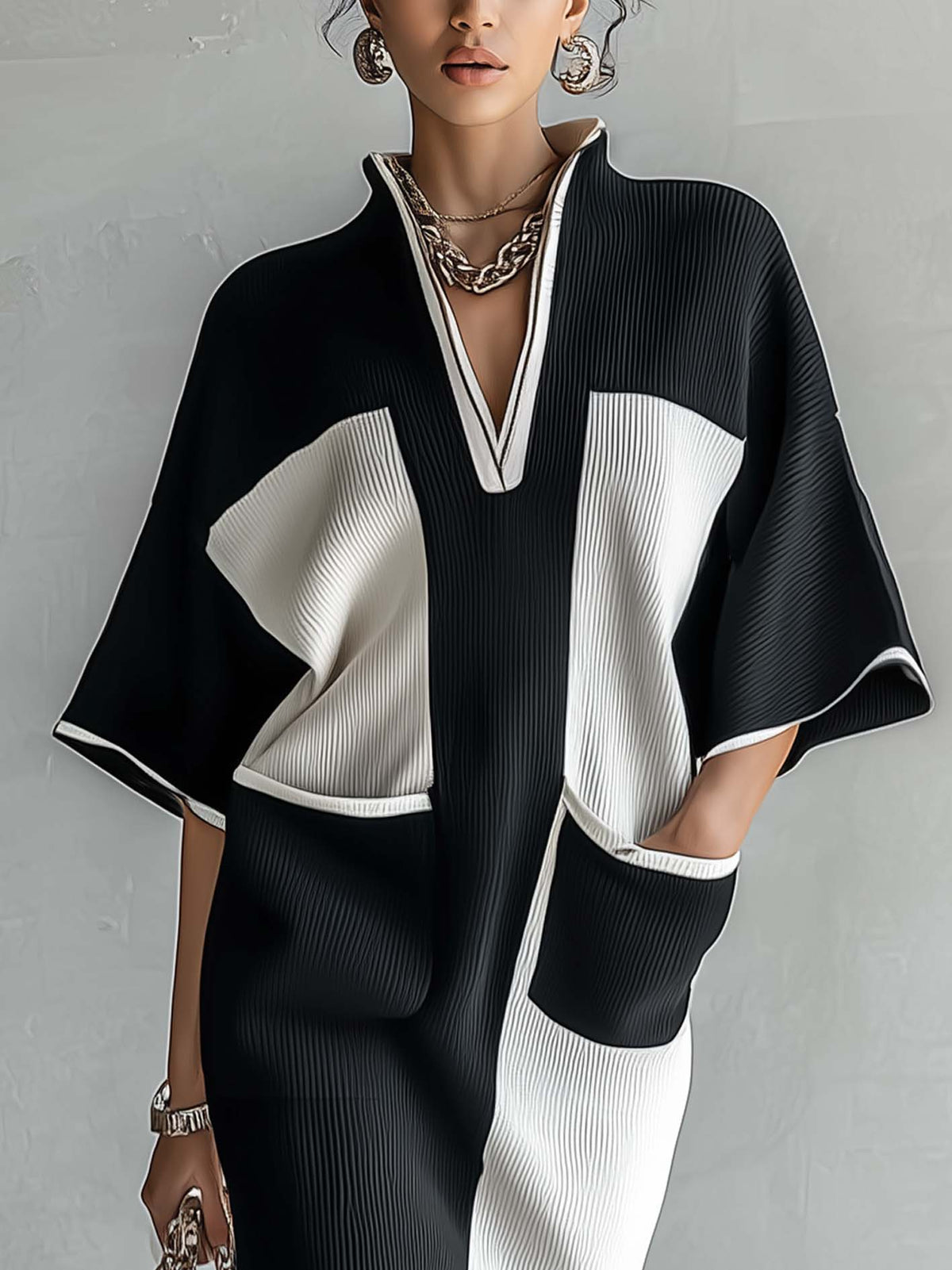 Vestido midi de bloques de color con mangas murciélago