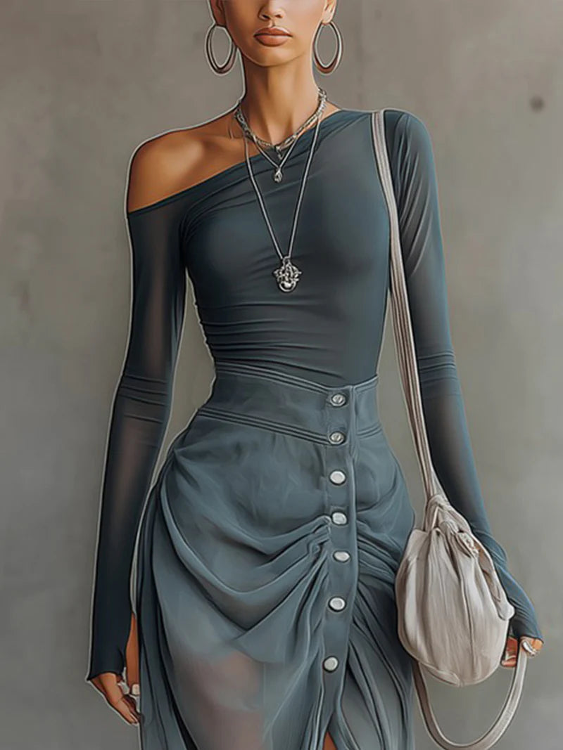 Conjunto asimétrico gris transparente con recortes