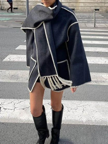 Chaqueta drapeada de mezcla de flecos con bufanda