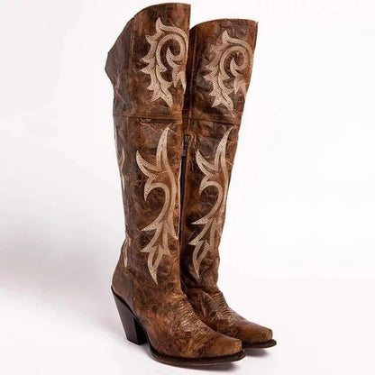Botas altas con patrón retro, tacón grueso y tacón alto