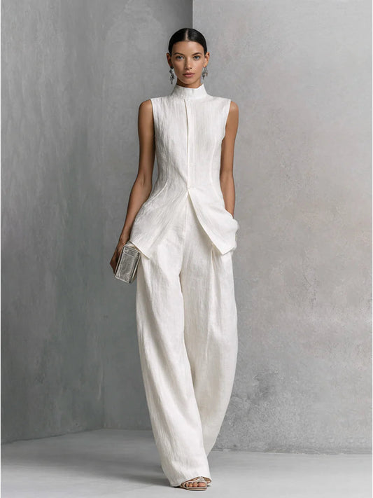 Conjunto de blusa sin mangas de lino y algodón blanco y pantalón de pierna ancha