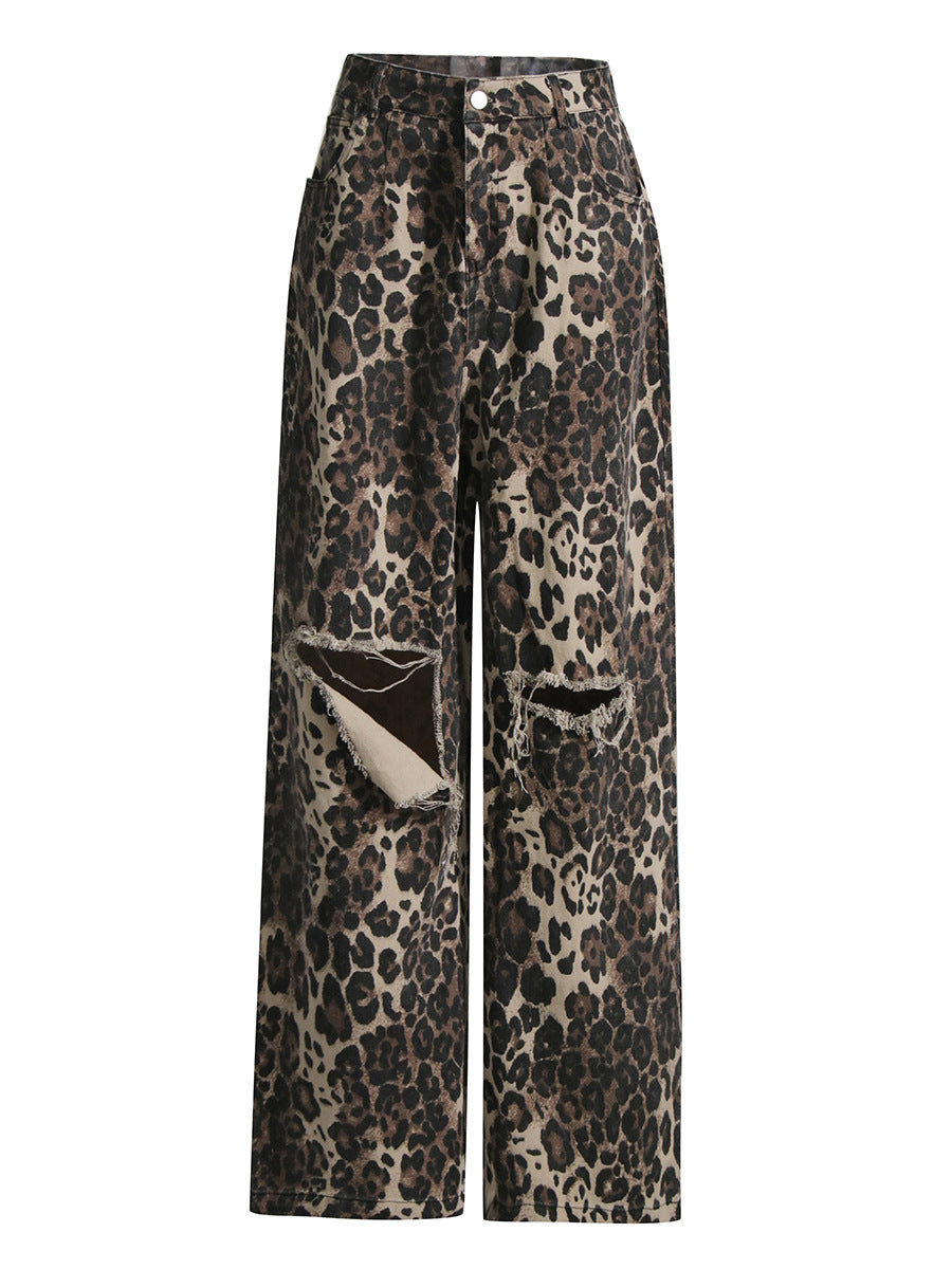 Jeans rasgados de pierna recta y cintura alta con estampado de leopardo vintage
