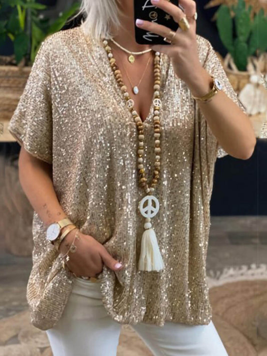 Jersey holgado informal bohemio, Top con cuello en V y lentejuelas de manga corta