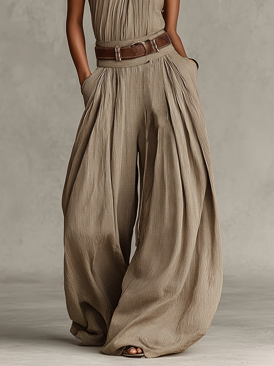 Mono bohemio taupe de pierna ancha con cuello halter (sin cinturón)