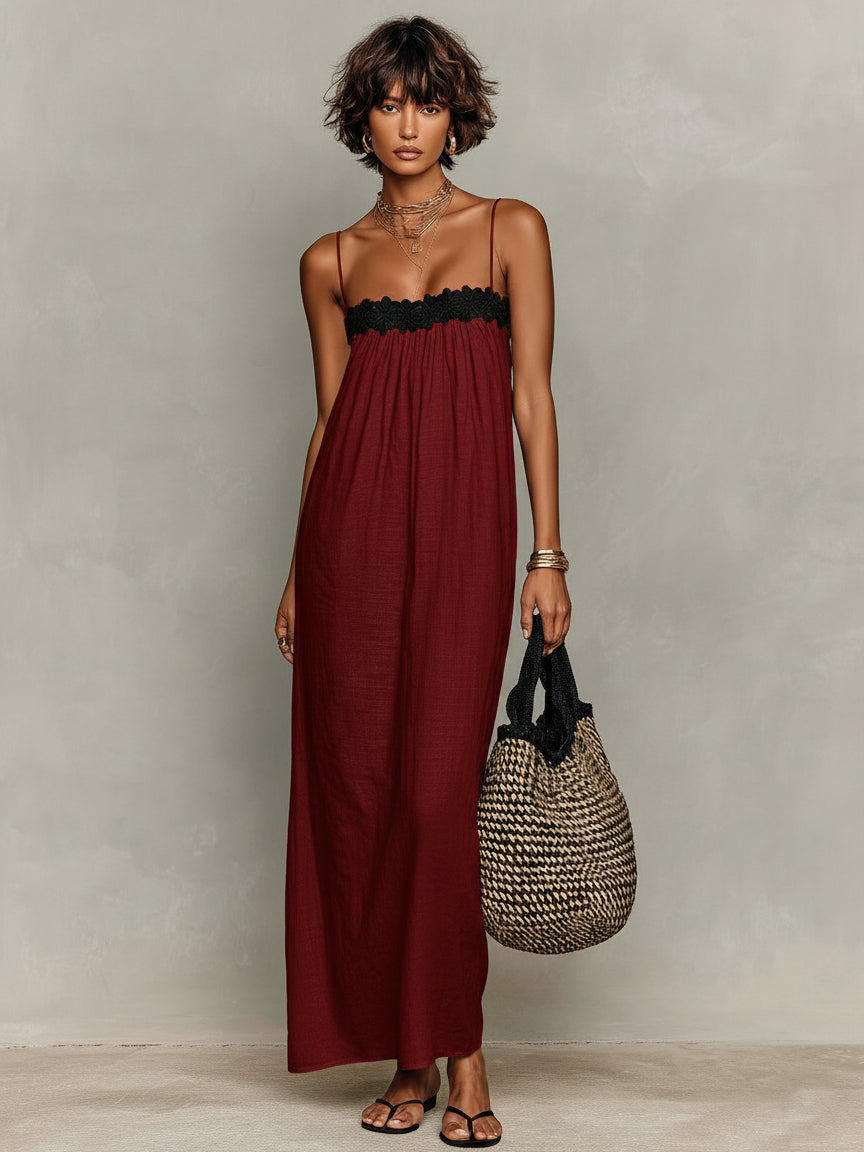 Vestido maxi sin tirantes con inserción de encaje de lino
