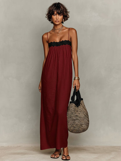 Vestido maxi sin tirantes con inserción de encaje de lino