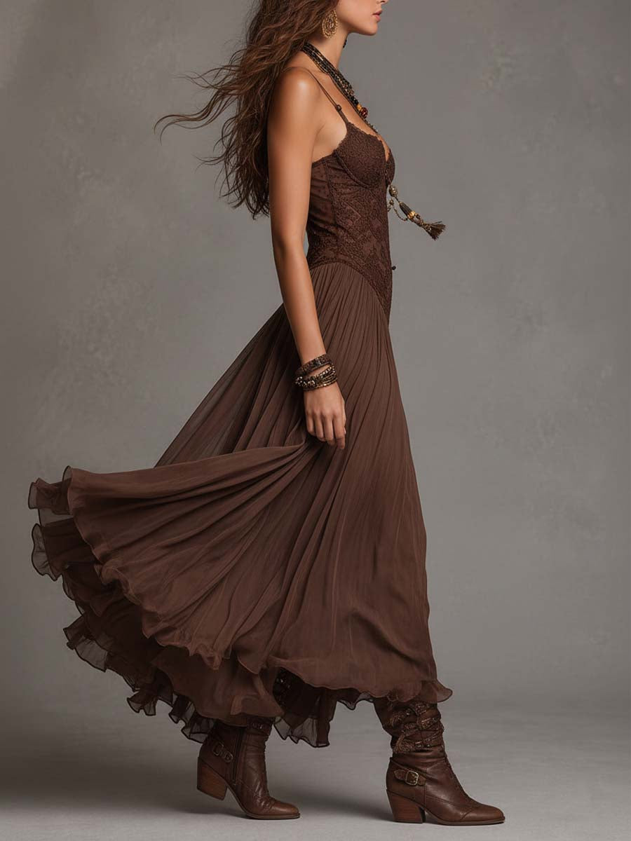 Vestido maxi de gasa marrón oscuro con paneles de encaje
